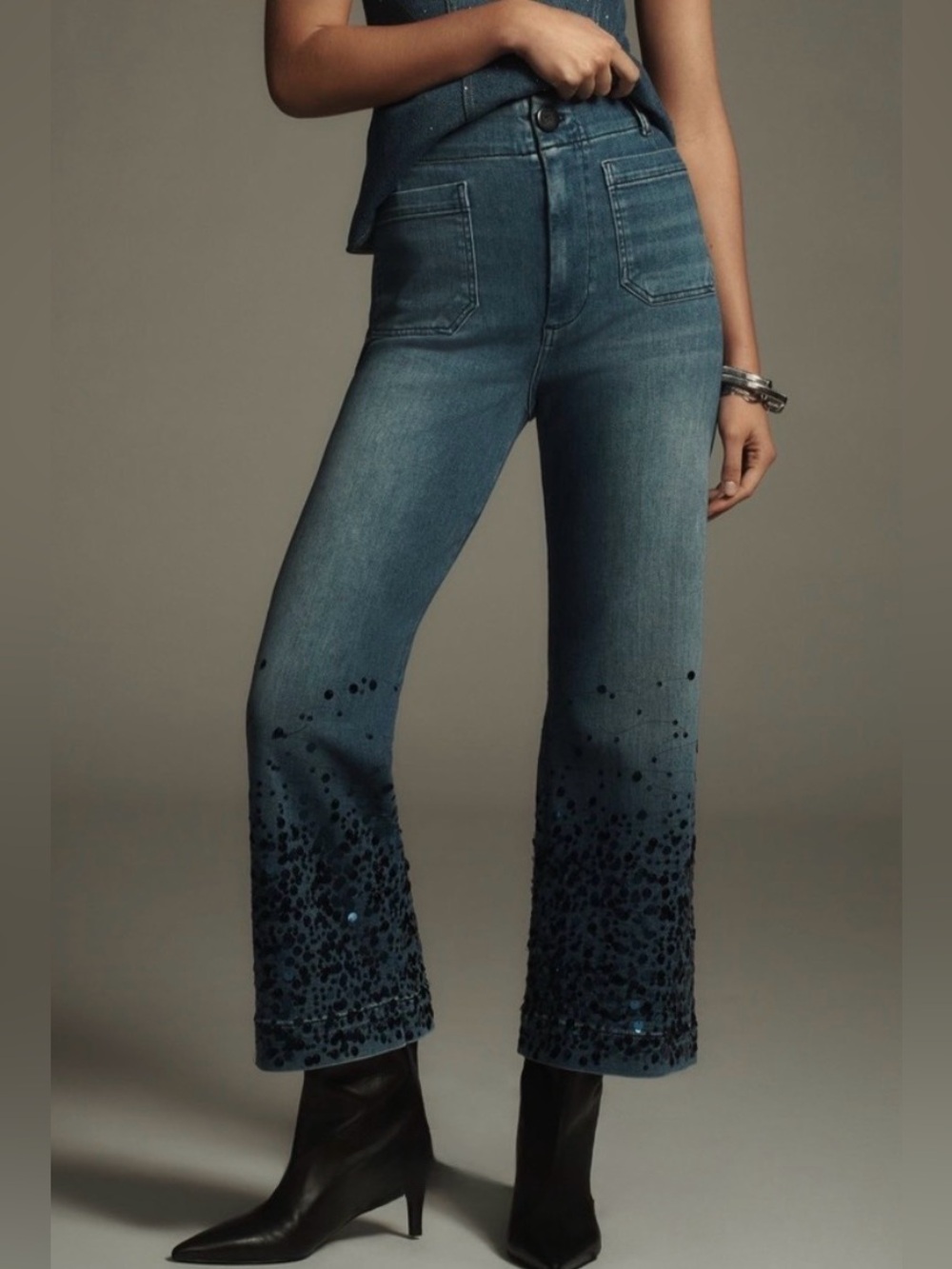 Maeve Colette Sequin High-Rise Wide-Leg Cropped Jeans Size 27 NWOT $158